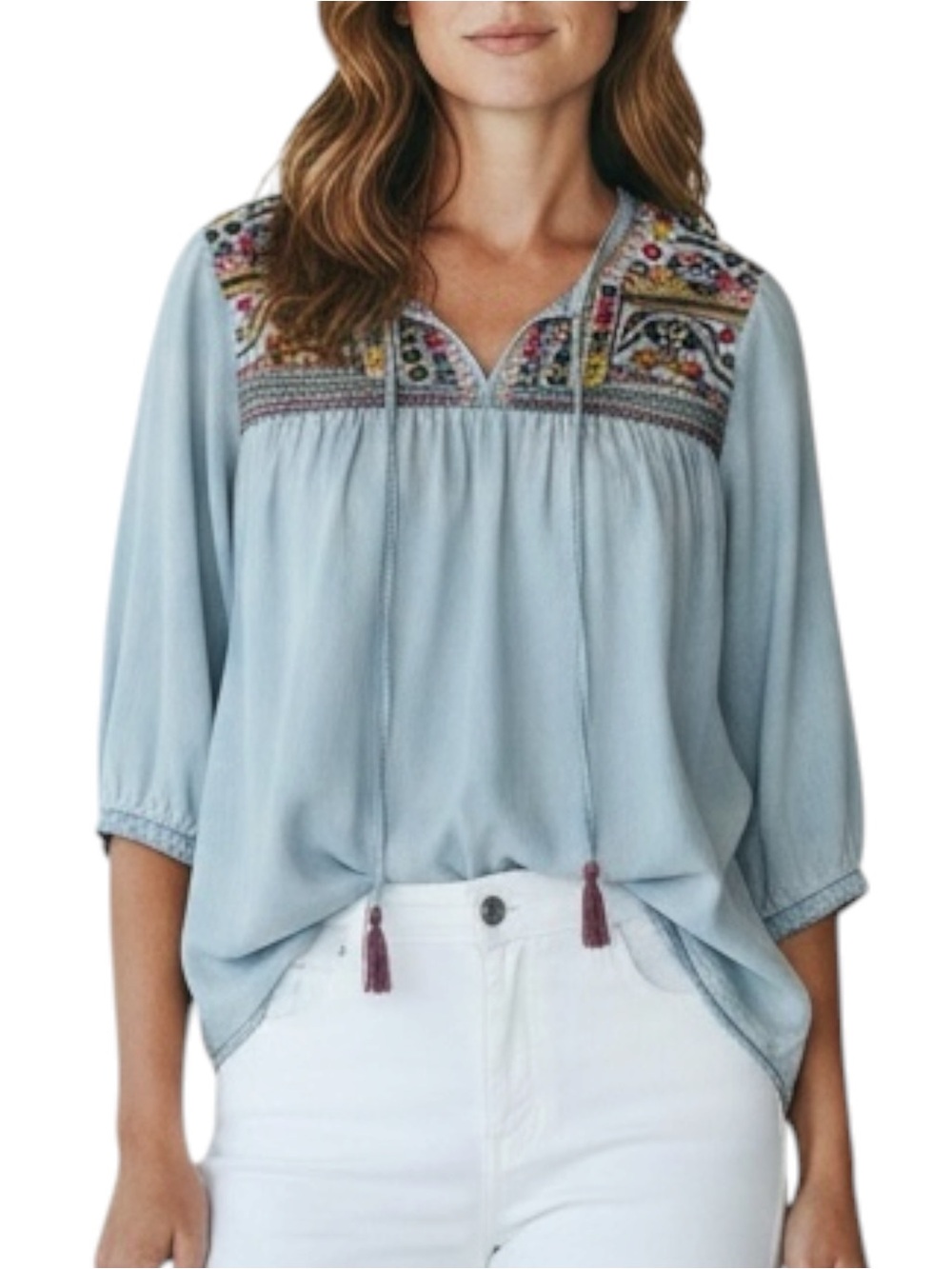 INTRO. Embroidered Tassel Tie Tunic in Light Wash Blue Size XL -- Flaw shown - Picture 12 of 13